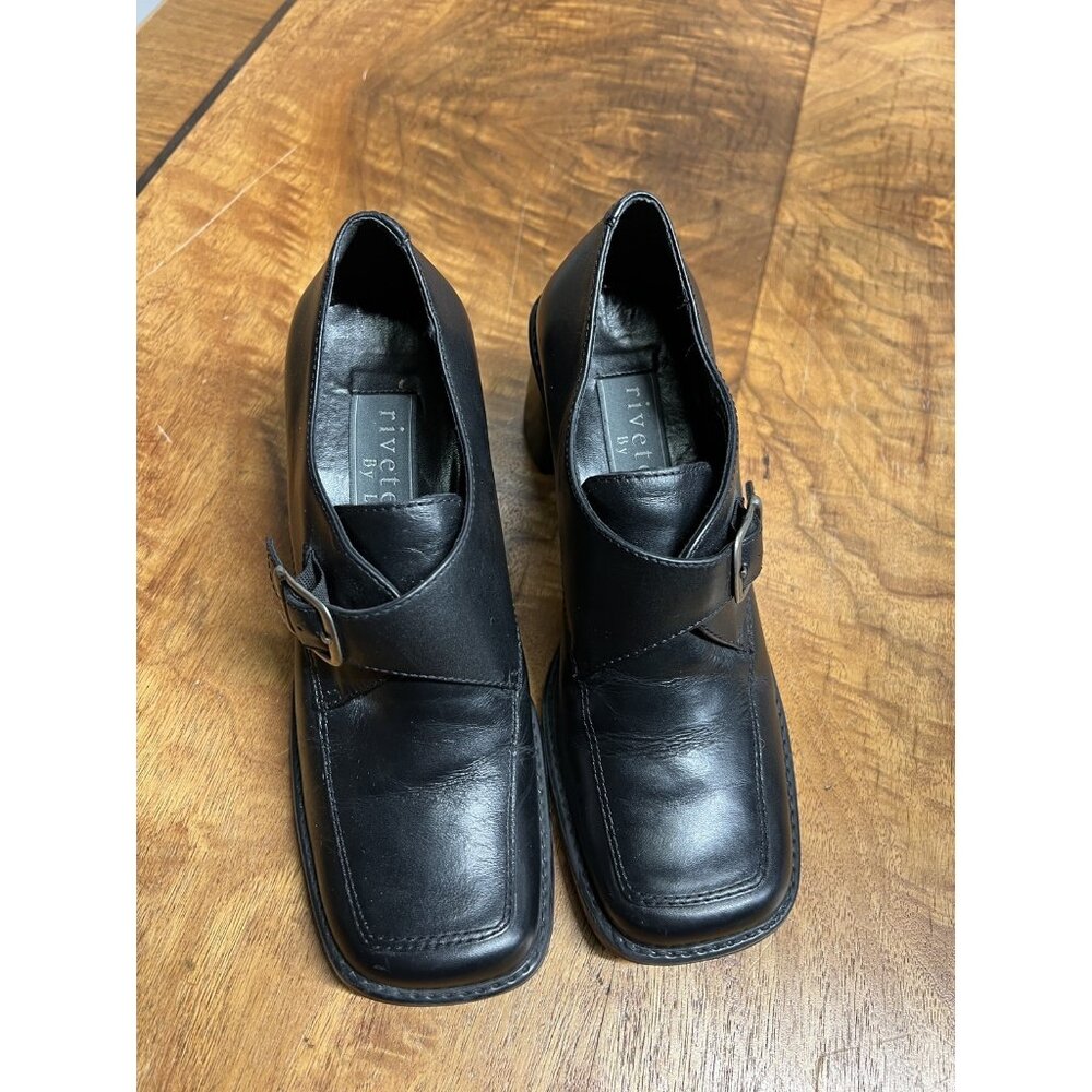 Vtg 90s Y2K Women's 7 Black Chunky Platform Block Heel Lug Oxford Loafers Shoes